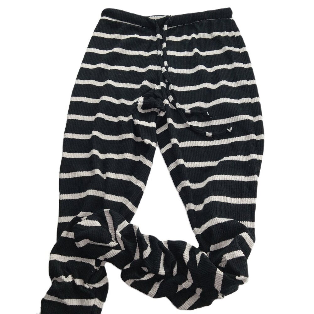 Chaser Ribbed Knit Ruched Joggers Women's Size Small Black Ivory Striped